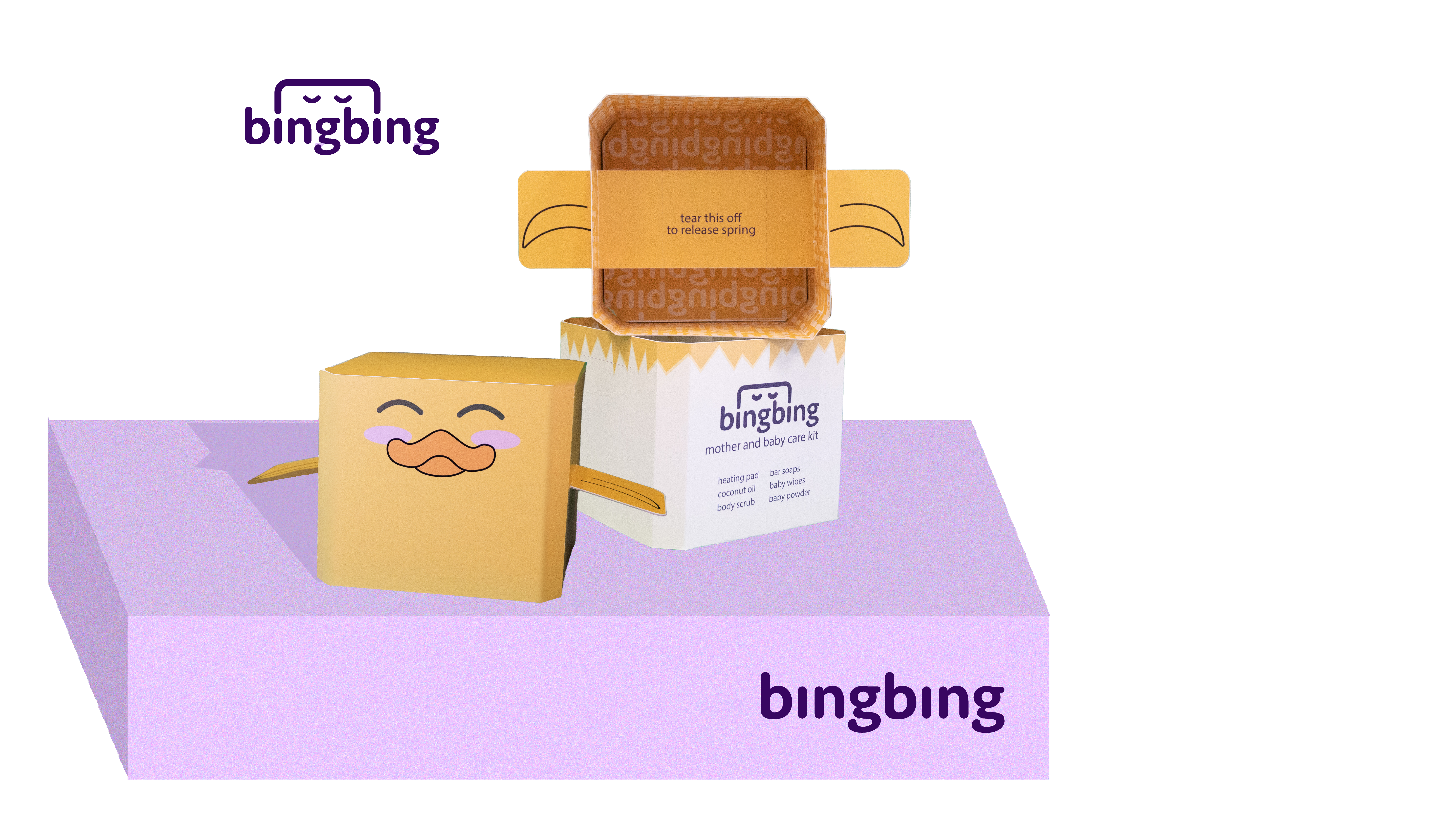 Final Bingbing packaging display with product boxes and branding